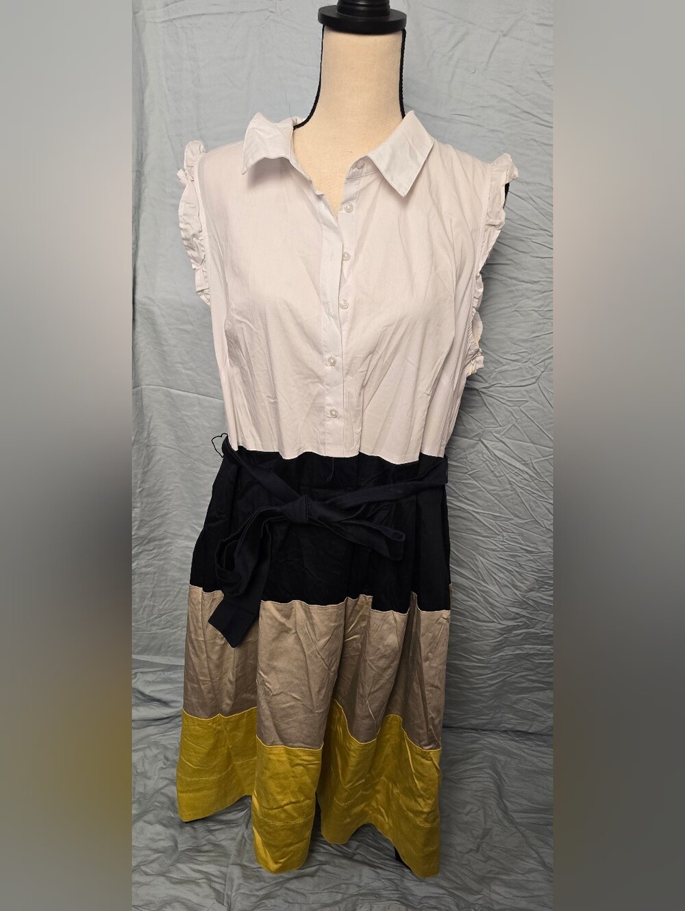 Tommy Hilfiger White, Navy, Tan & Yellow Colorblock Midi Dress With Pockets